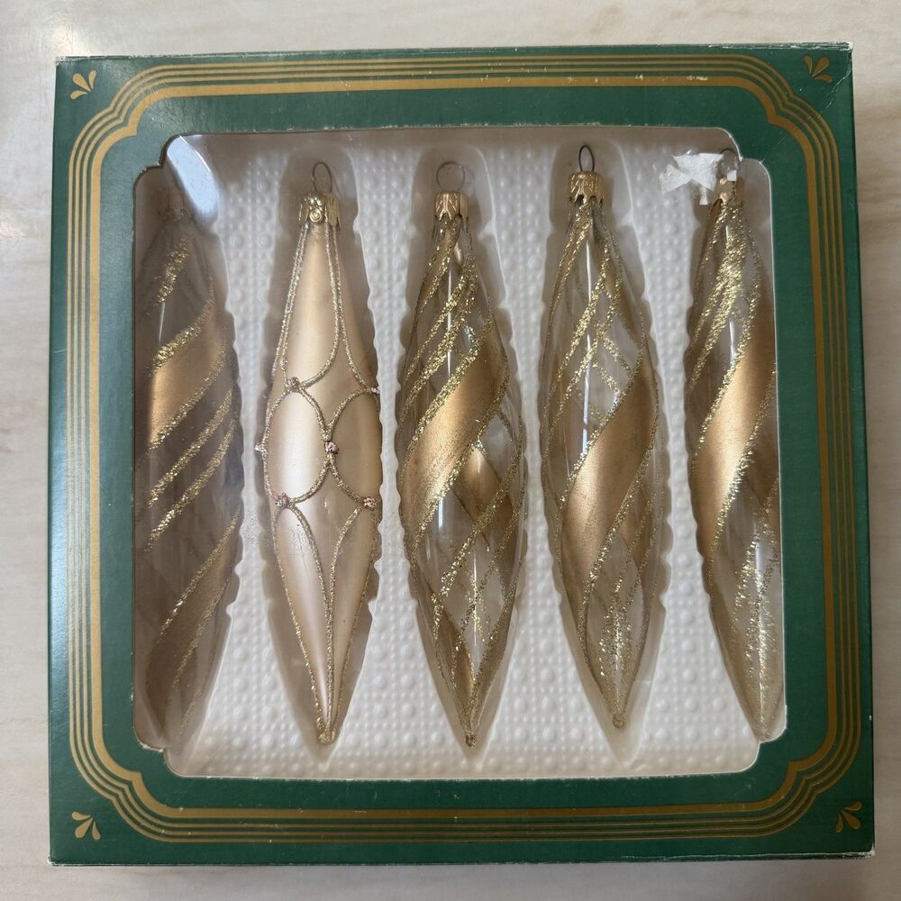 Vintage Kurt S. Adler Traditional Glass Icicle Ornaments Set of 5 Gold Colombia